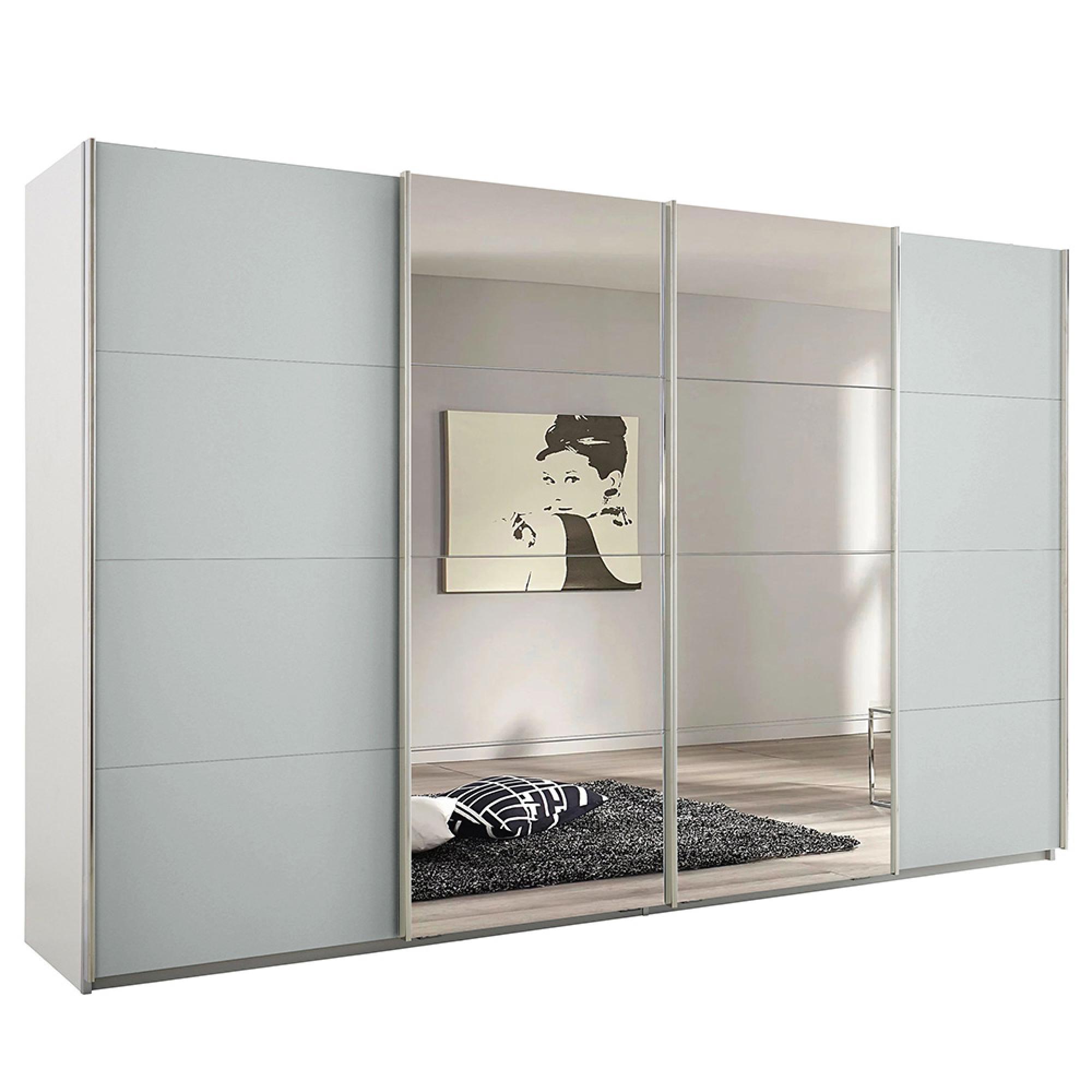 Rauch Syncrono 361cm 4 Door Sliding Wardrobe with Mirror - Alpine White and Silk Grey