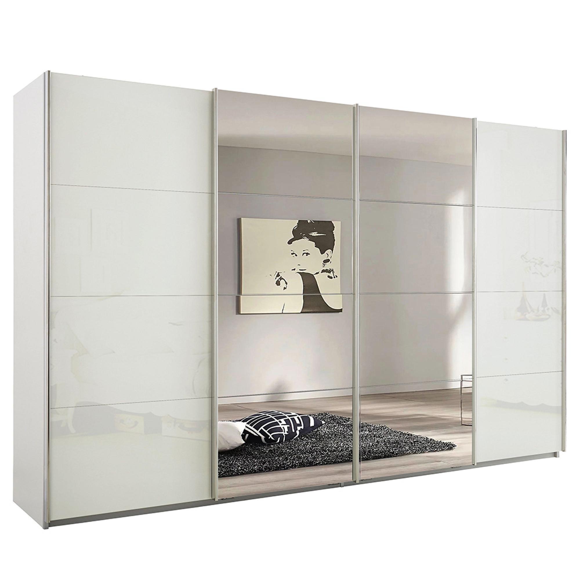 Rauch Syncrono 361cm 4 Door Sliding Wardrobe with Mirror - Alpine White and White Glass