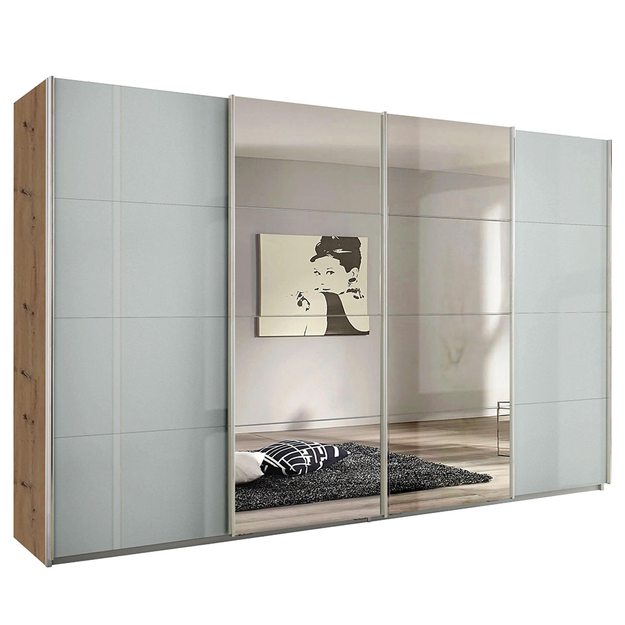 Rauch Syncrono 361cm 4 Door Sliding Wardrobe with Mirror - Artisan Oak and Grey High Gloss