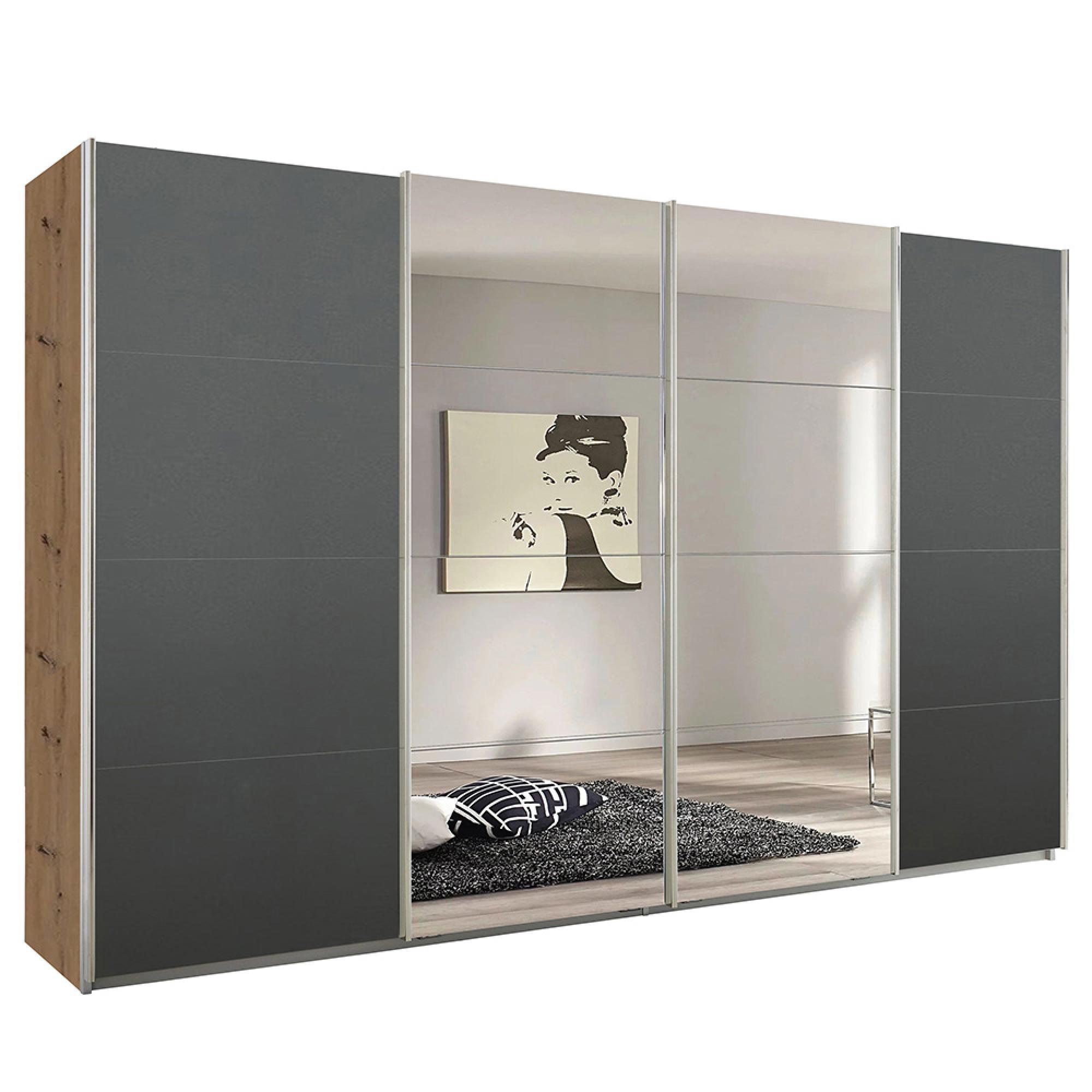 Rauch Syncrono 361cm 4 Door Sliding Wardrobe with Mirror - Artisan Oak and Metallic Dark Grey