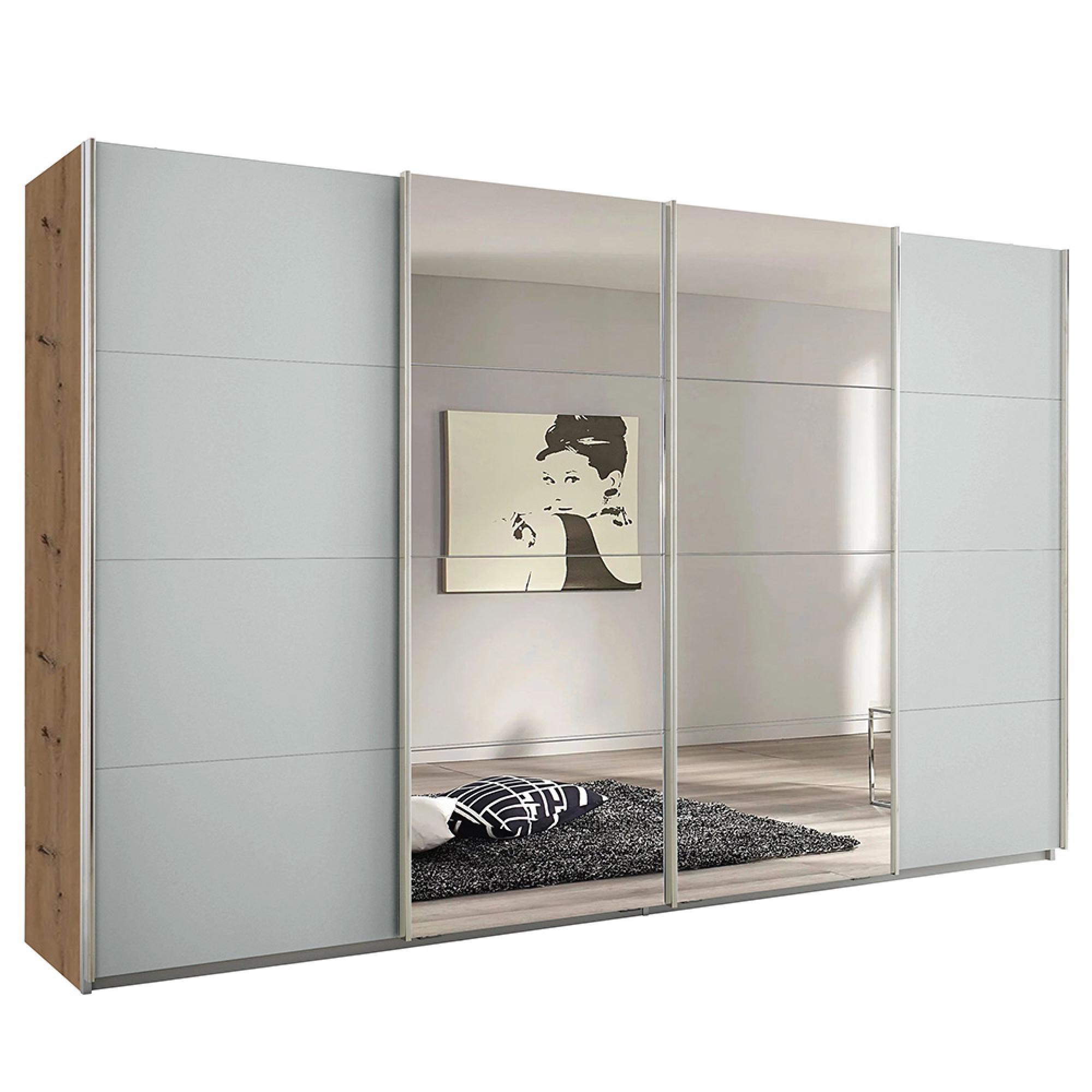 Rauch Syncrono 361cm 4 Door Sliding Wardrobe with Mirror - Artisan Oak and Silk Grey