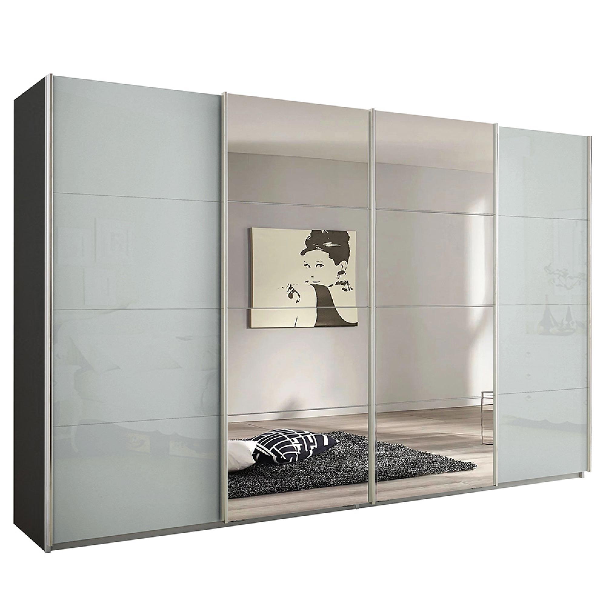 Rauch Syncrono 361cm 4 Door Sliding Wardrobe with Mirror - Metallic Dark Grey and Silk Grey Glass