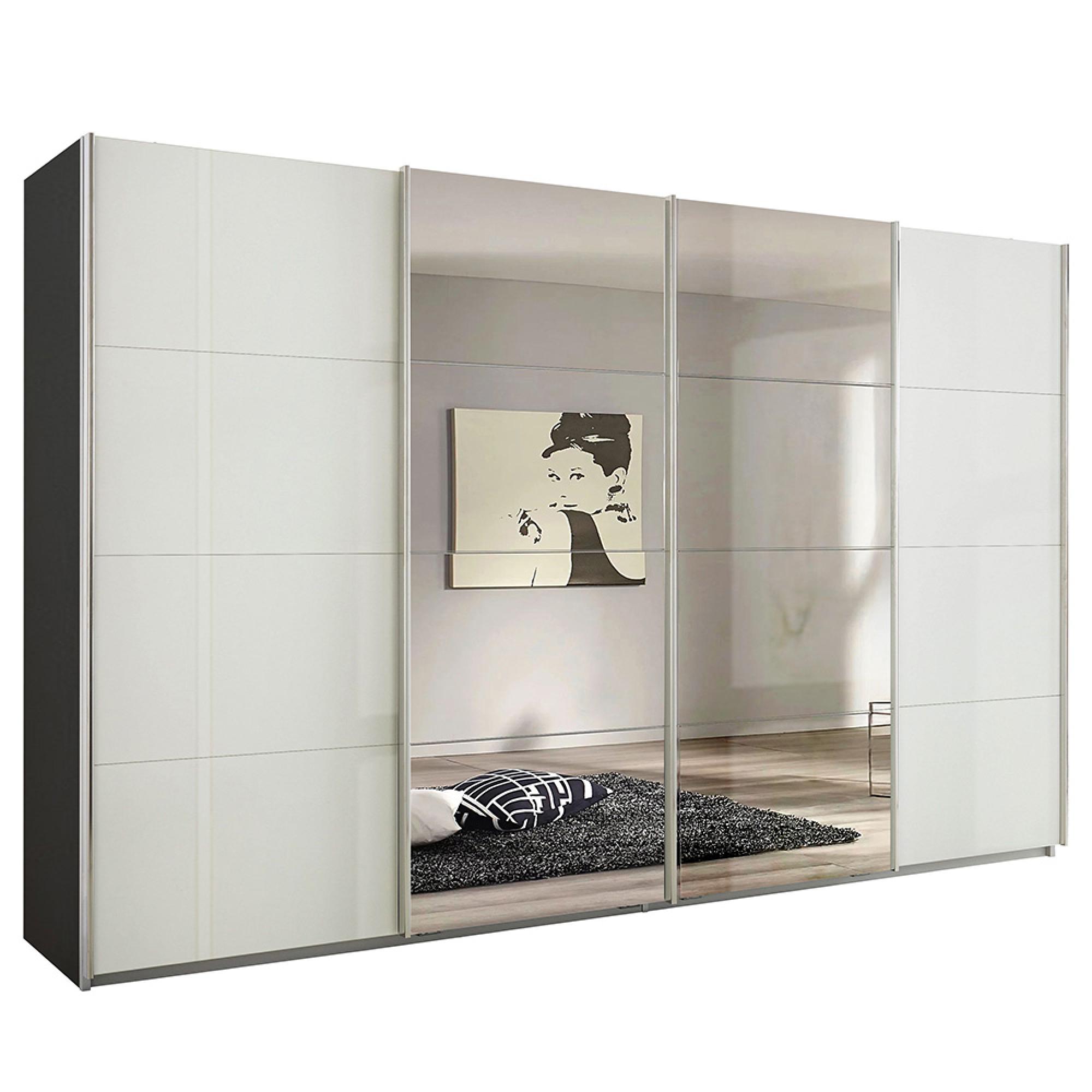 Rauch Syncrono 361cm 4 Door Sliding Wardrobe with Mirror - Metallic Dark Grey and White High Gloss