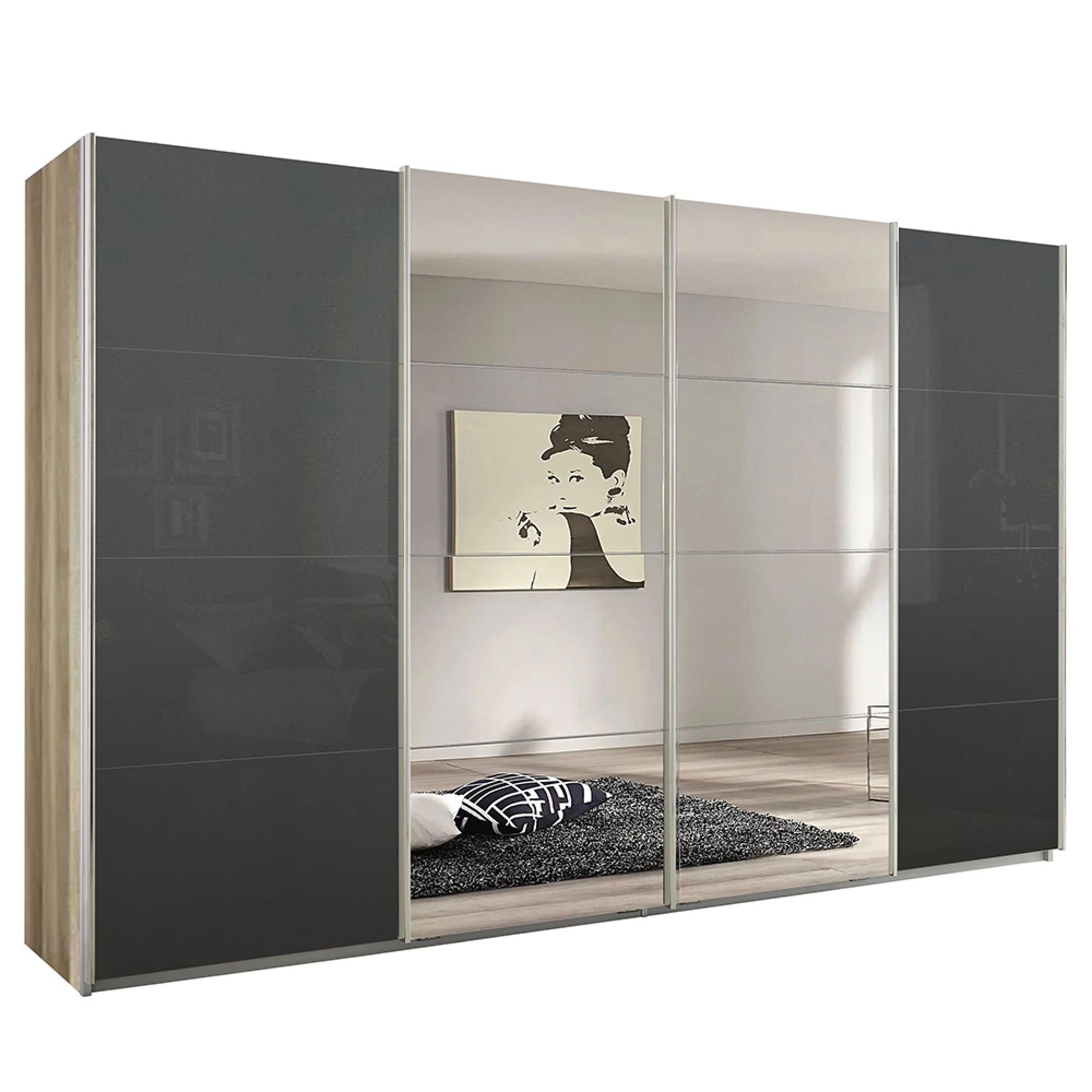 Rauch Syncrono 361cm 4 Door Sliding Wardrobe with Mirror - Sanremo Oak Light and Basalt Glass