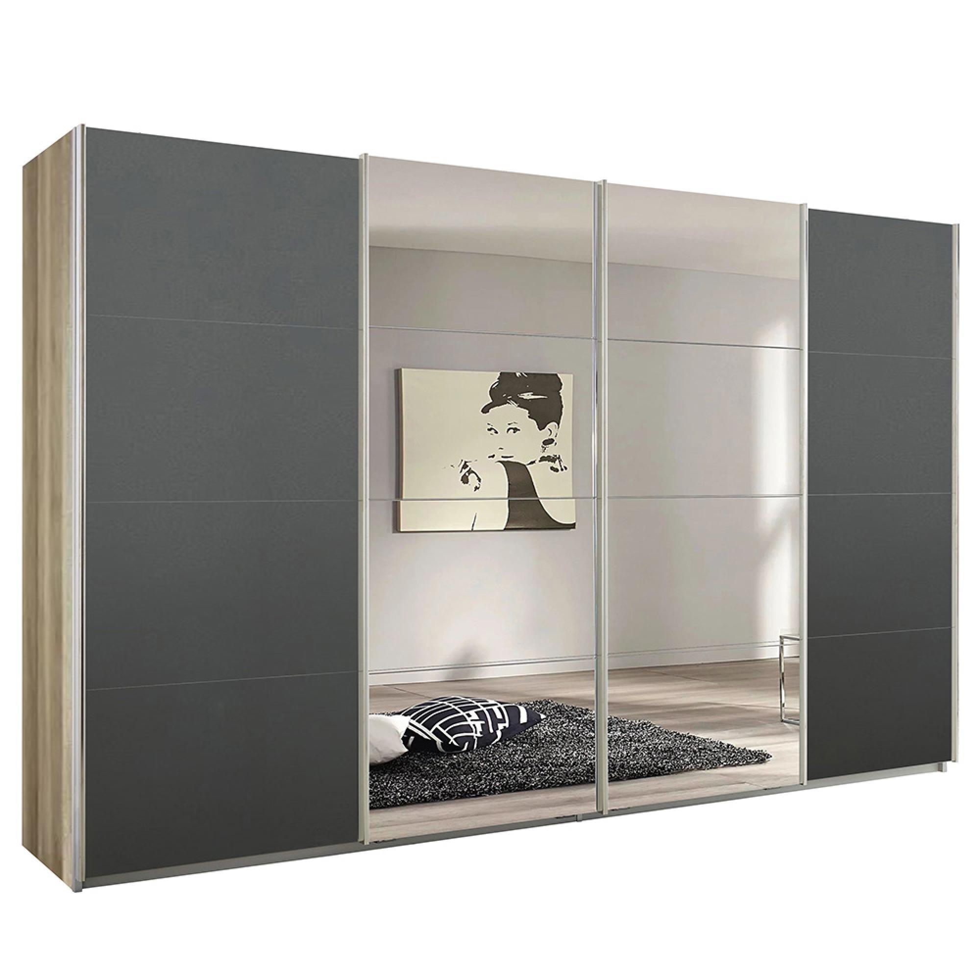 Rauch Syncrono 361cm 4 Door Sliding Wardrobe with Mirror - Sanremo Oak Light and Metallic Dark Grey