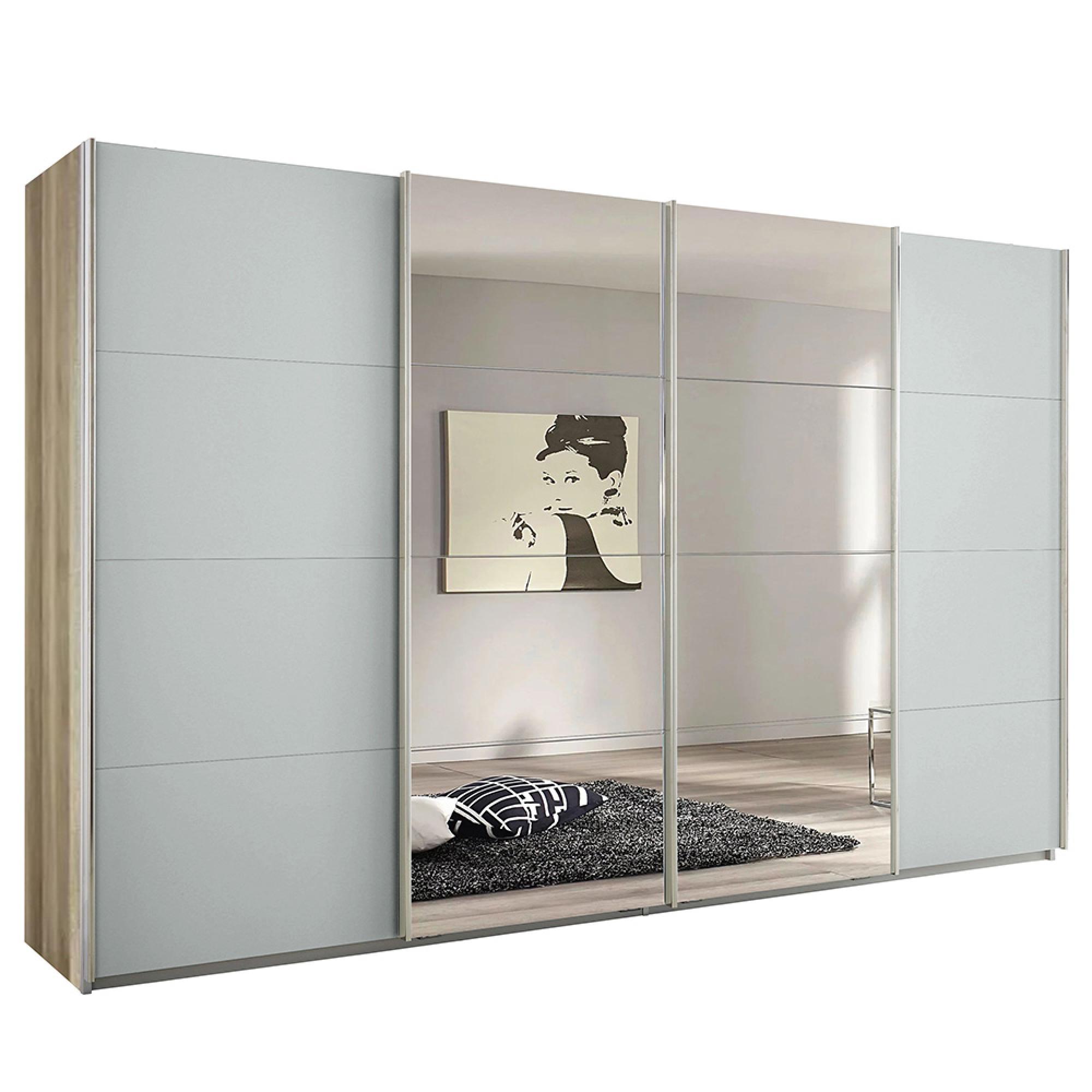 Rauch Syncrono 361cm 4 Door Sliding Wardrobe with Mirror - Sanremo Oak Light and Silk Grey
