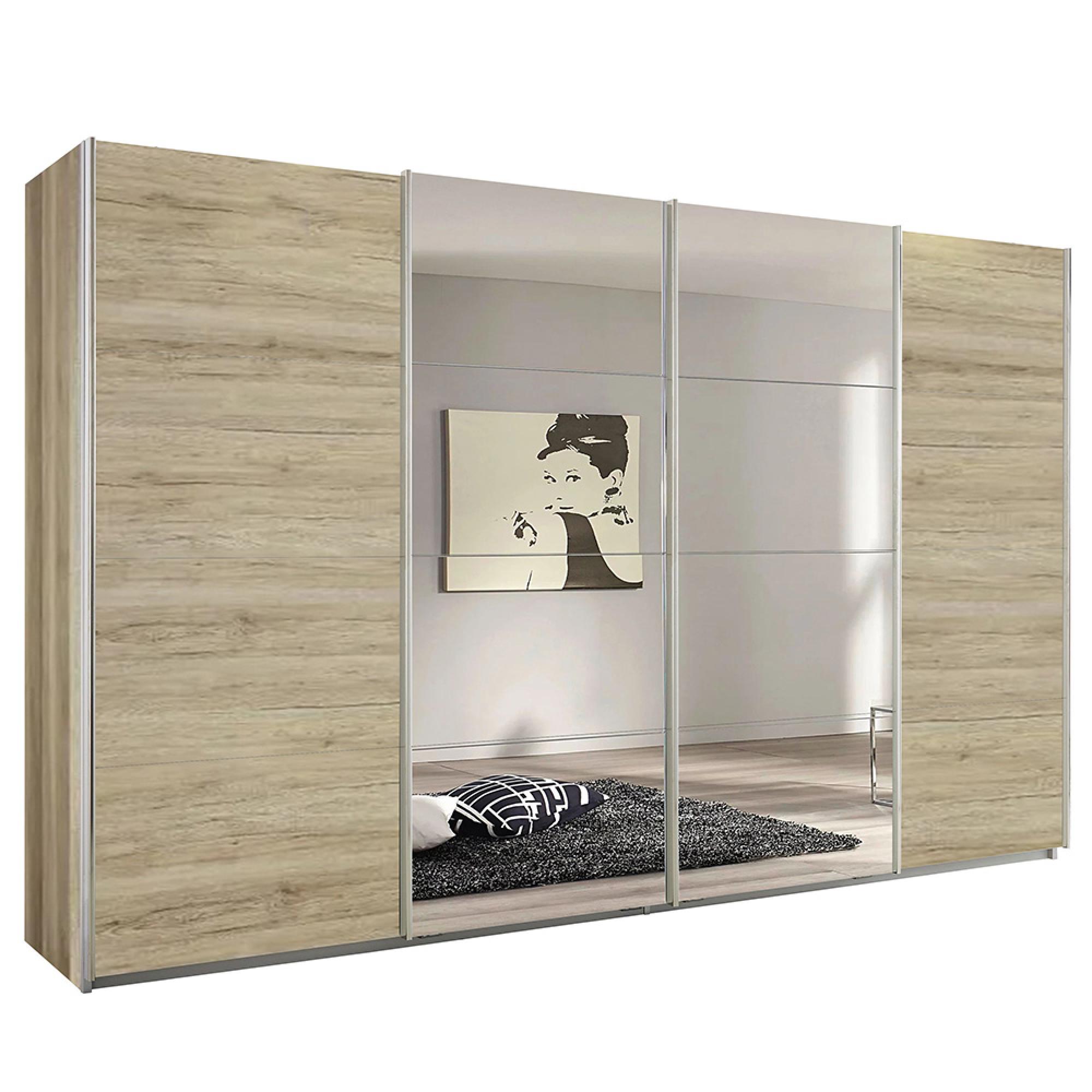 Rauch Syncrono 361cm 4 Door Sliding Wardrobe with Mirror - Sanremo Oak Light