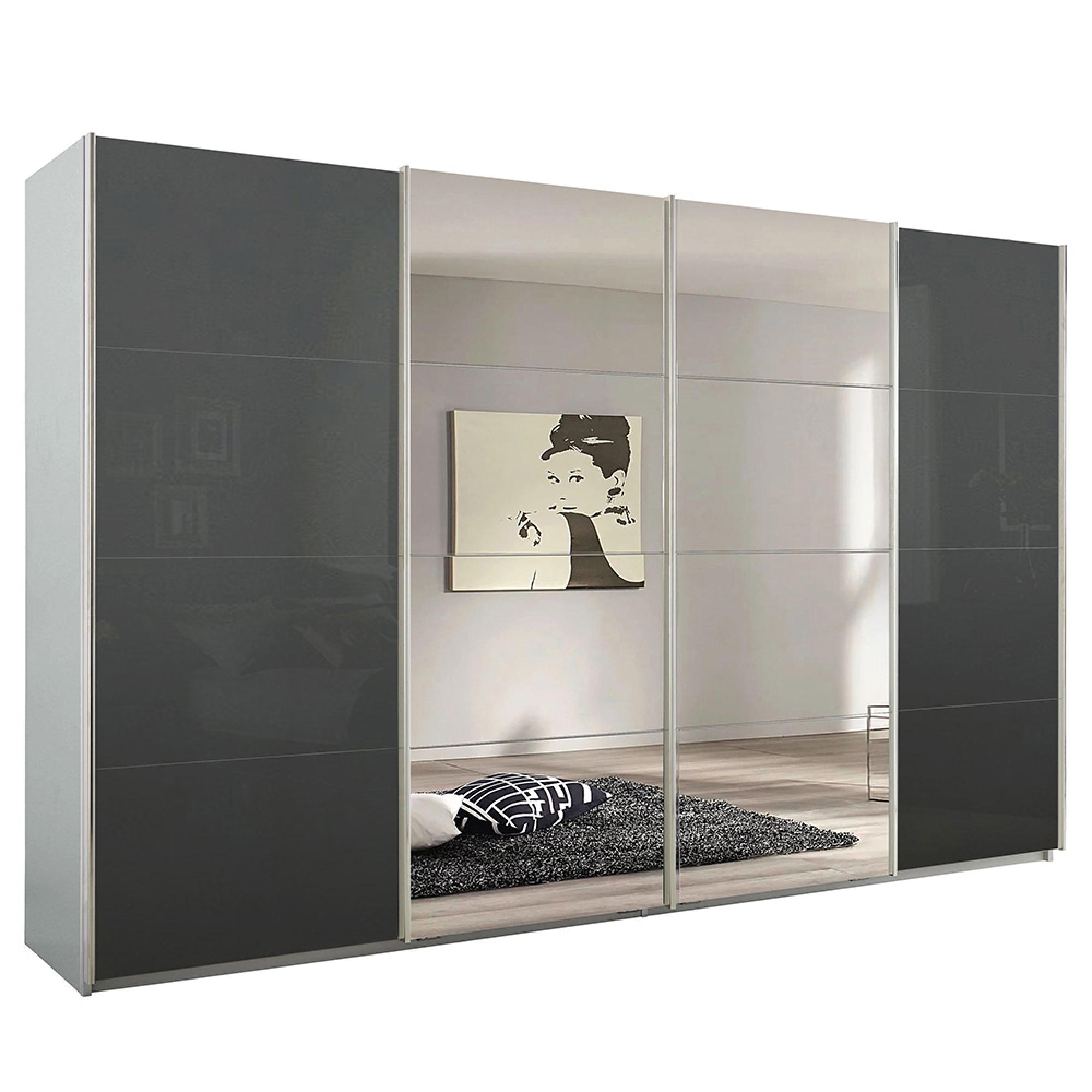 Rauch Syncrono 361cm 4 Door Sliding Wardrobe with Mirror - Silk Grey and Basalt Glass