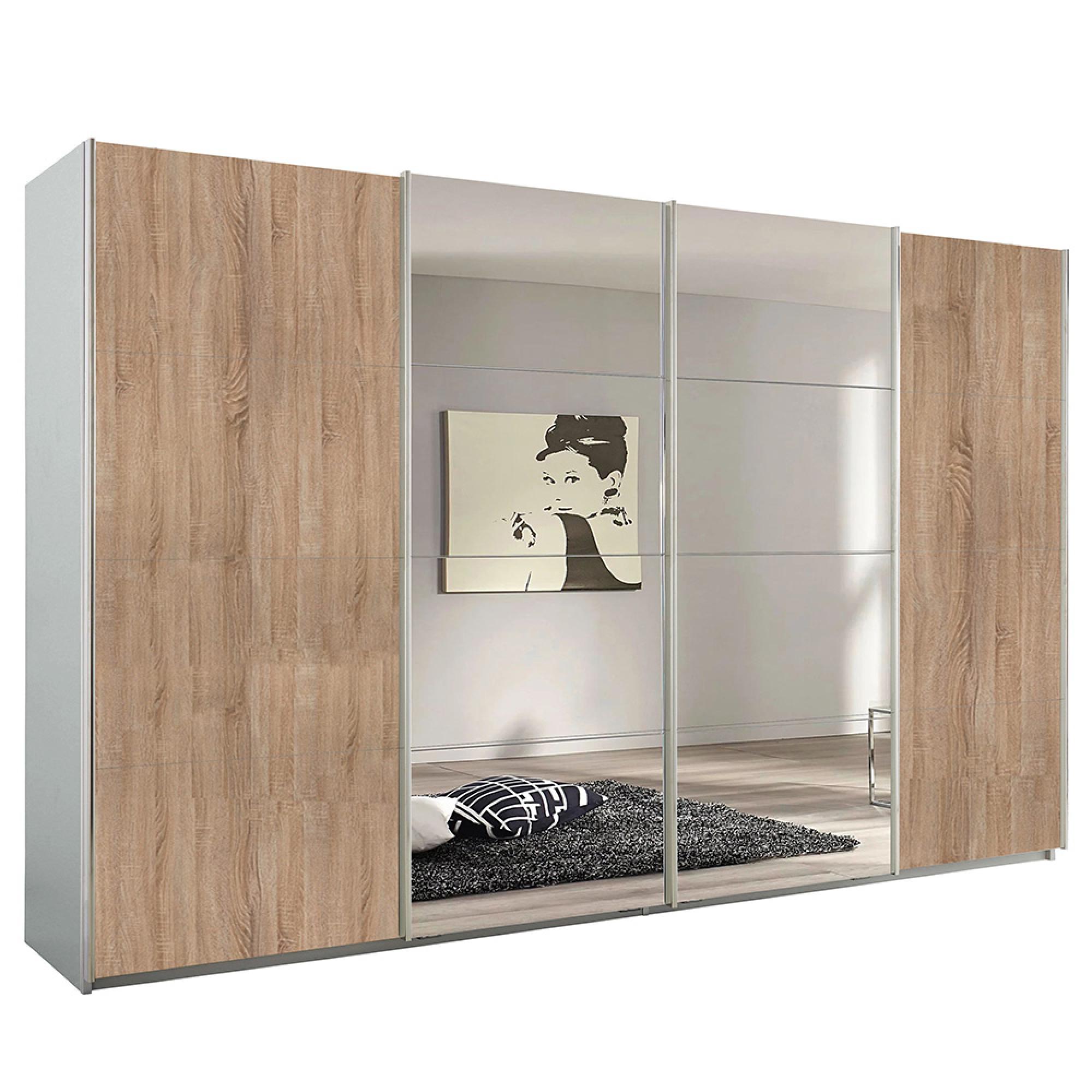 Rauch Syncrono 361cm 4 Door Sliding Wardrobe with Mirror - Silk Grey and Sonoma Oak