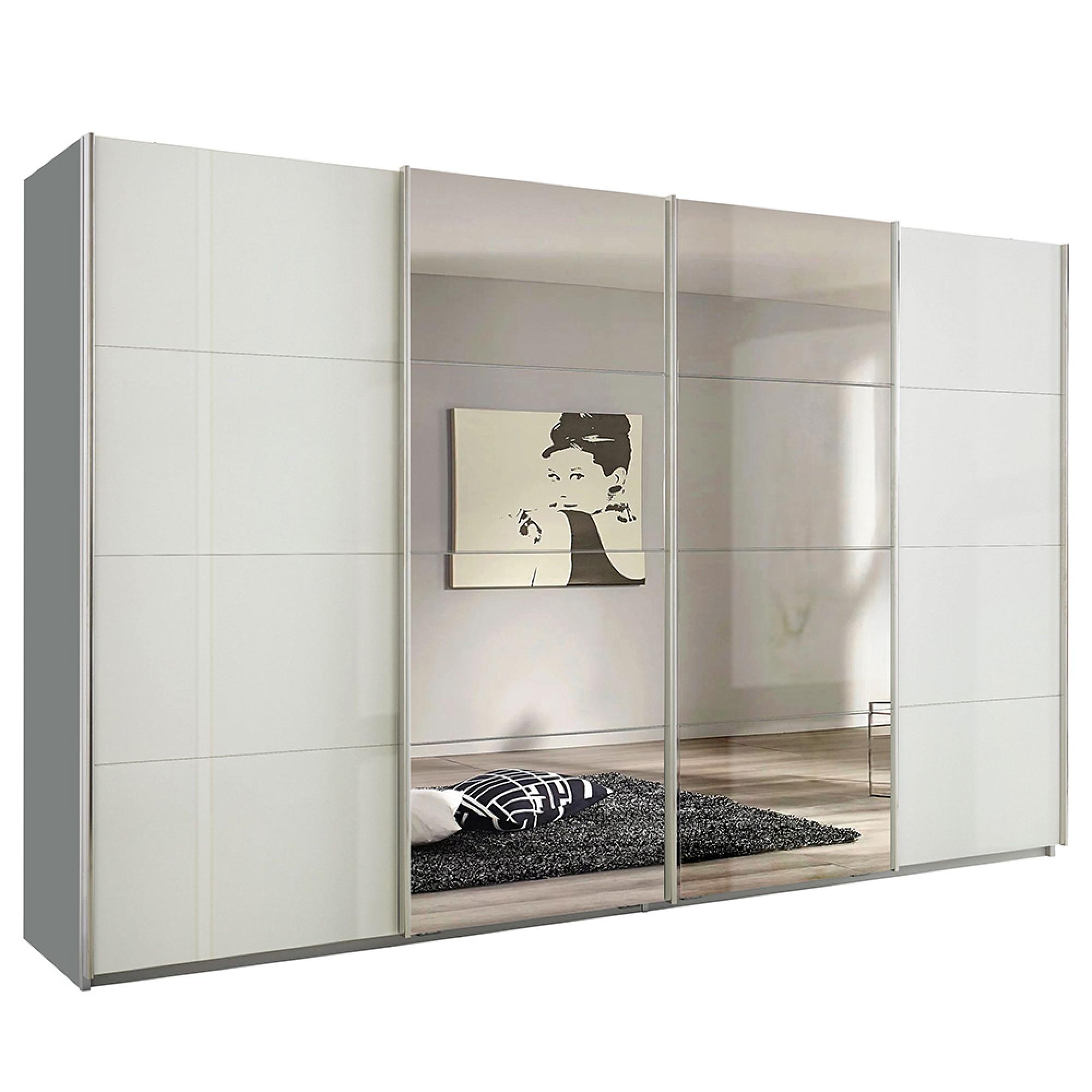 Rauch Syncrono 361cm 4 Door Sliding Wardrobe with Mirror - Silk Grey and White High Gloss
