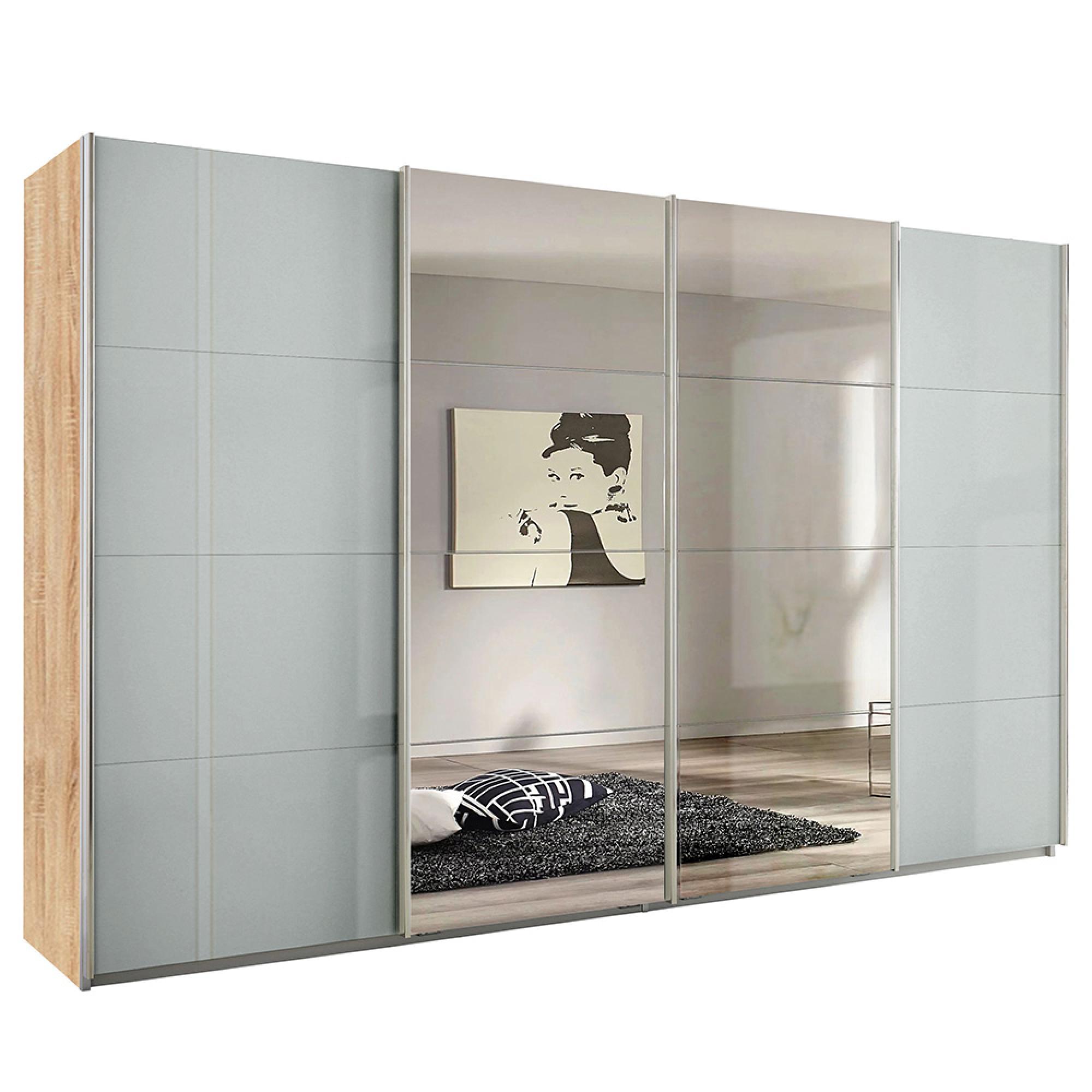 Rauch Syncrono 361cm 4 Door Sliding Wardrobe with Mirror - Sonoma Oak and Grey High Gloss