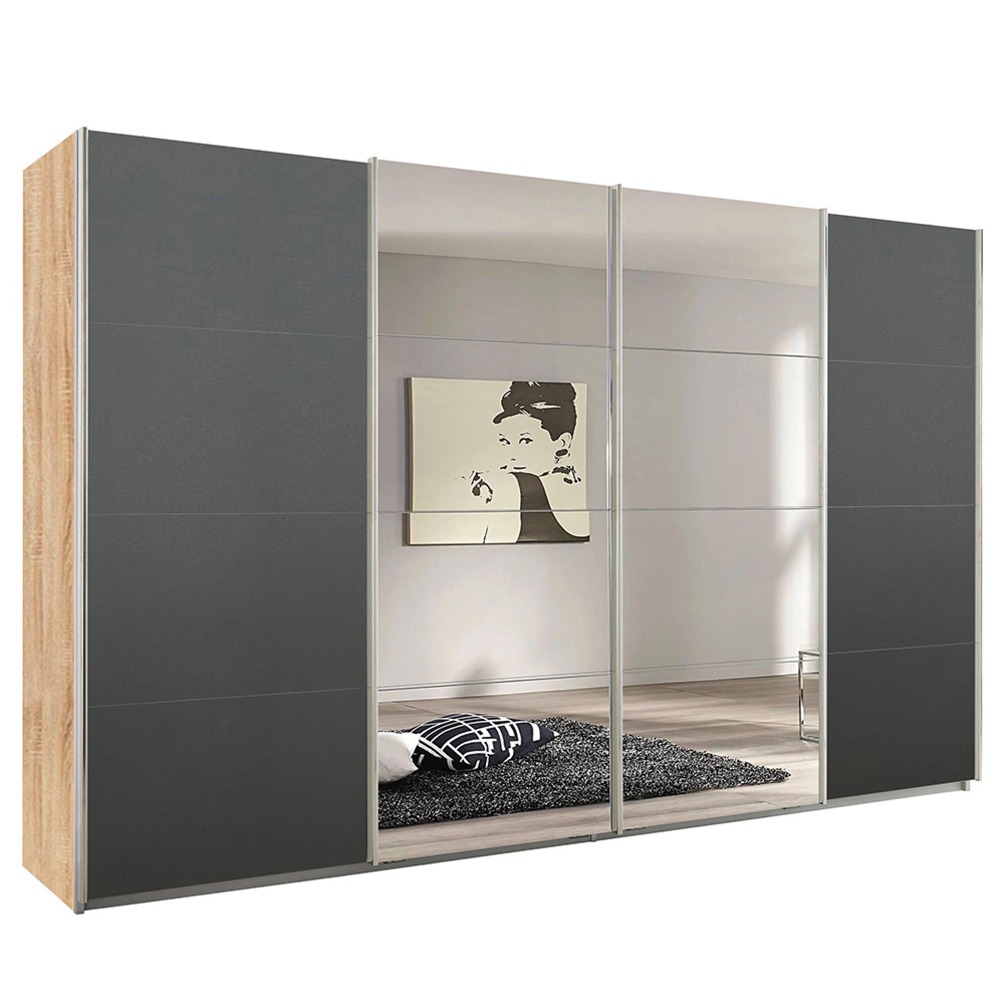 Rauch Syncrono 361cm 4 Door Sliding Wardrobe with Mirror - Sonoma Oak and Metallic Dark Grey