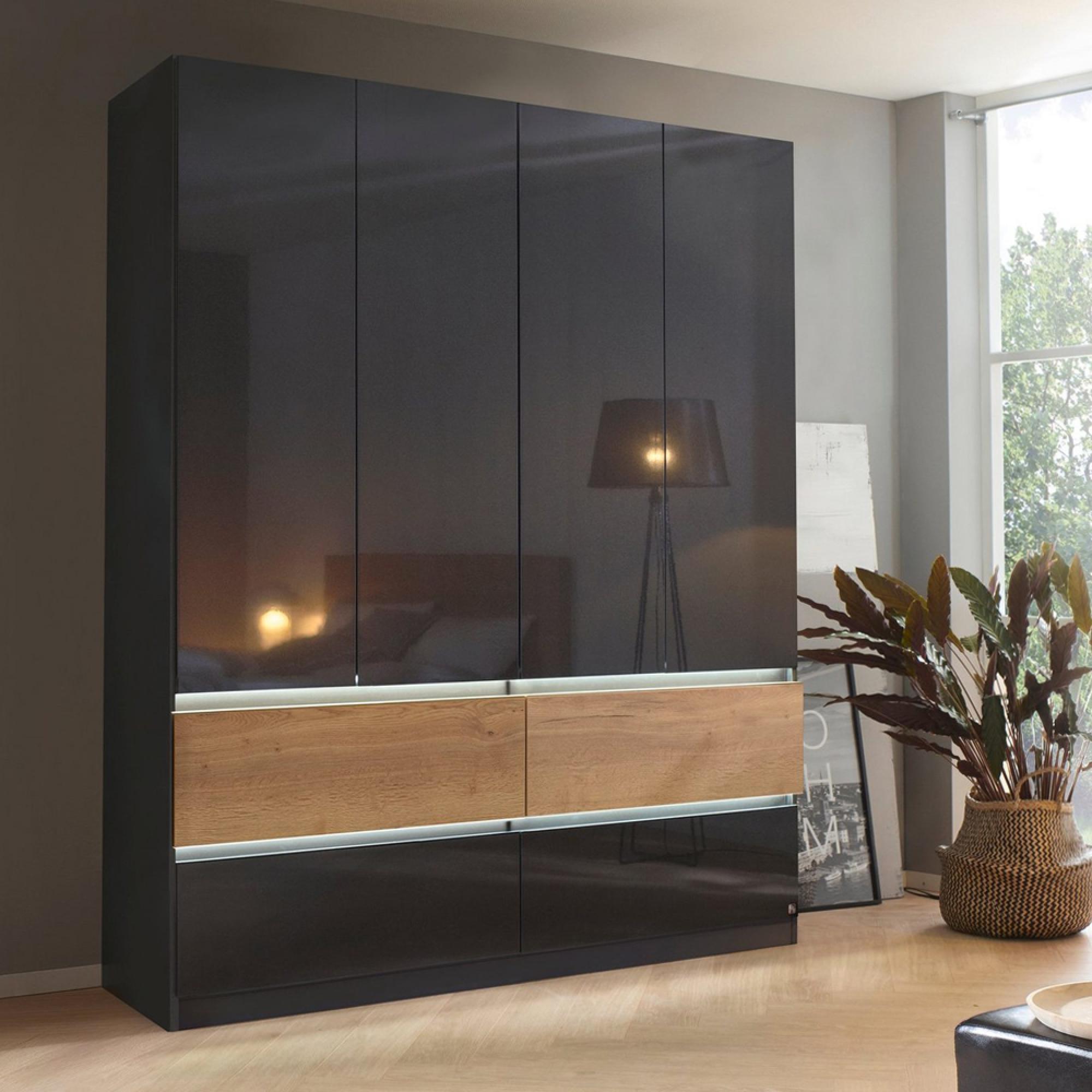 Rauch Winnipeg 181cm 4 Door Wardrobe with Lighting - Metallic Dark Grey High Gloss and Halifax Oak