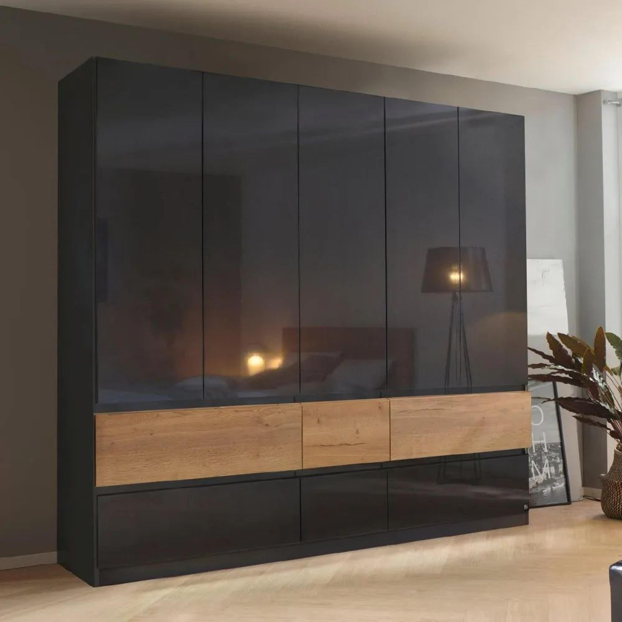 Rauch Winnipeg 226cm 5 Door Wardrobe - Metallic Dark Grey High Gloss and Halifax Oak