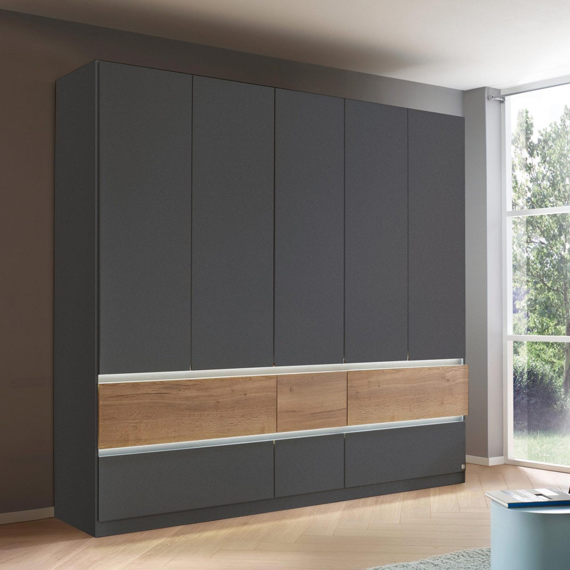 Rauch Winnipeg 226cm 5 Door Wardrobe with Lighting - Metallic Dark Grey and Halifax Oak