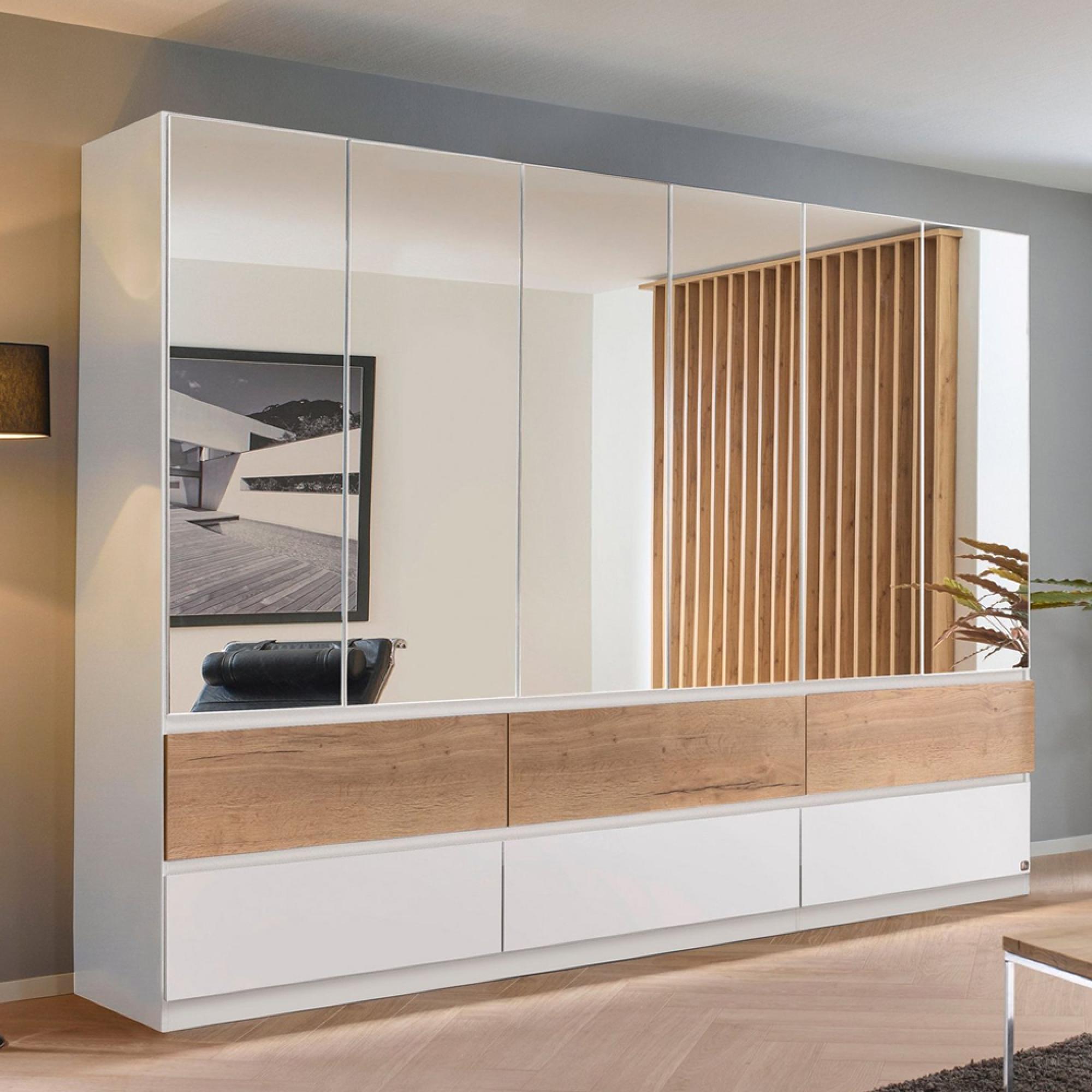 Rauch Winnipeg 271cm 6 Door Wardrobe with Mirror - Alpine White and Halifax Oak