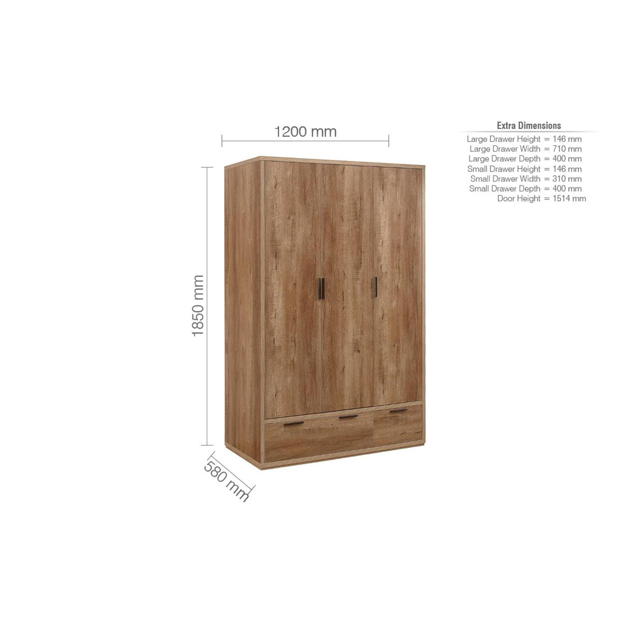 Stockwell Wardrobe - 3 Door - 2 Drawer - Rustic Oak