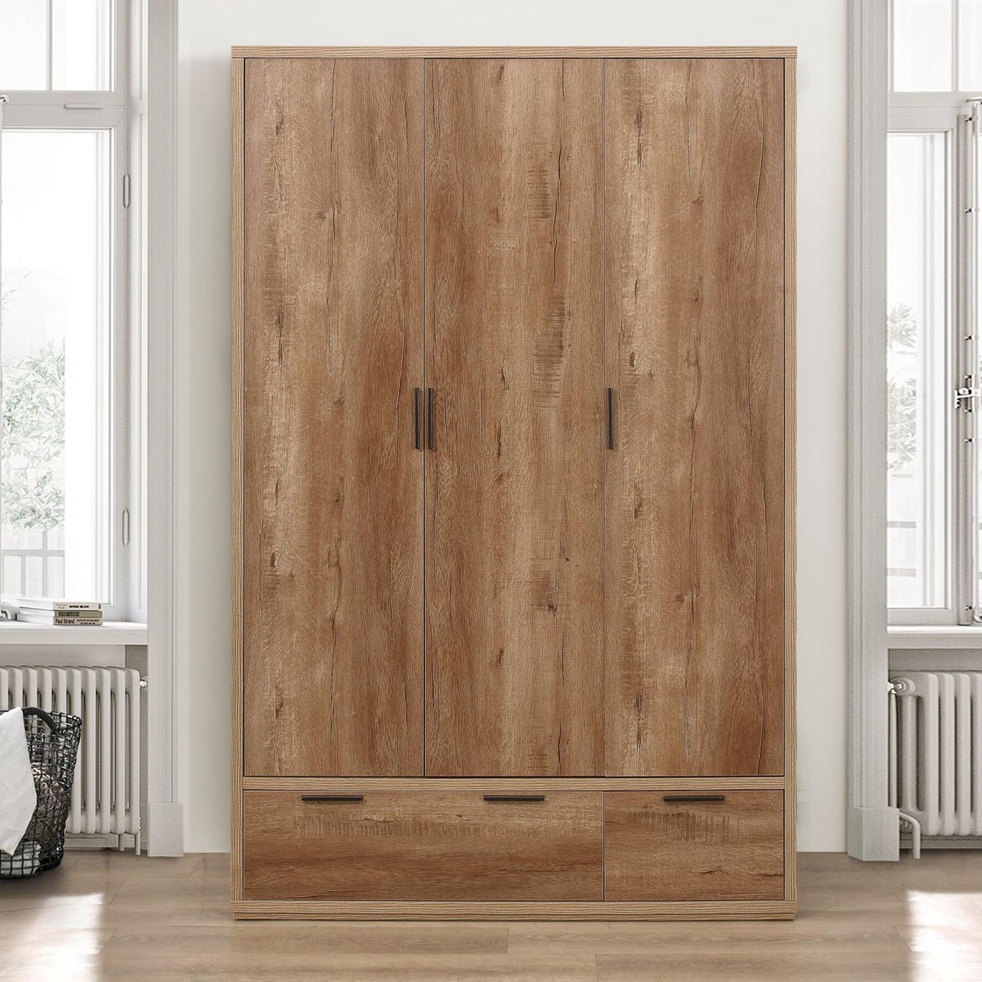 Stockwell Wardrobe - 3 Door - 2 Drawer - Rustic Oak