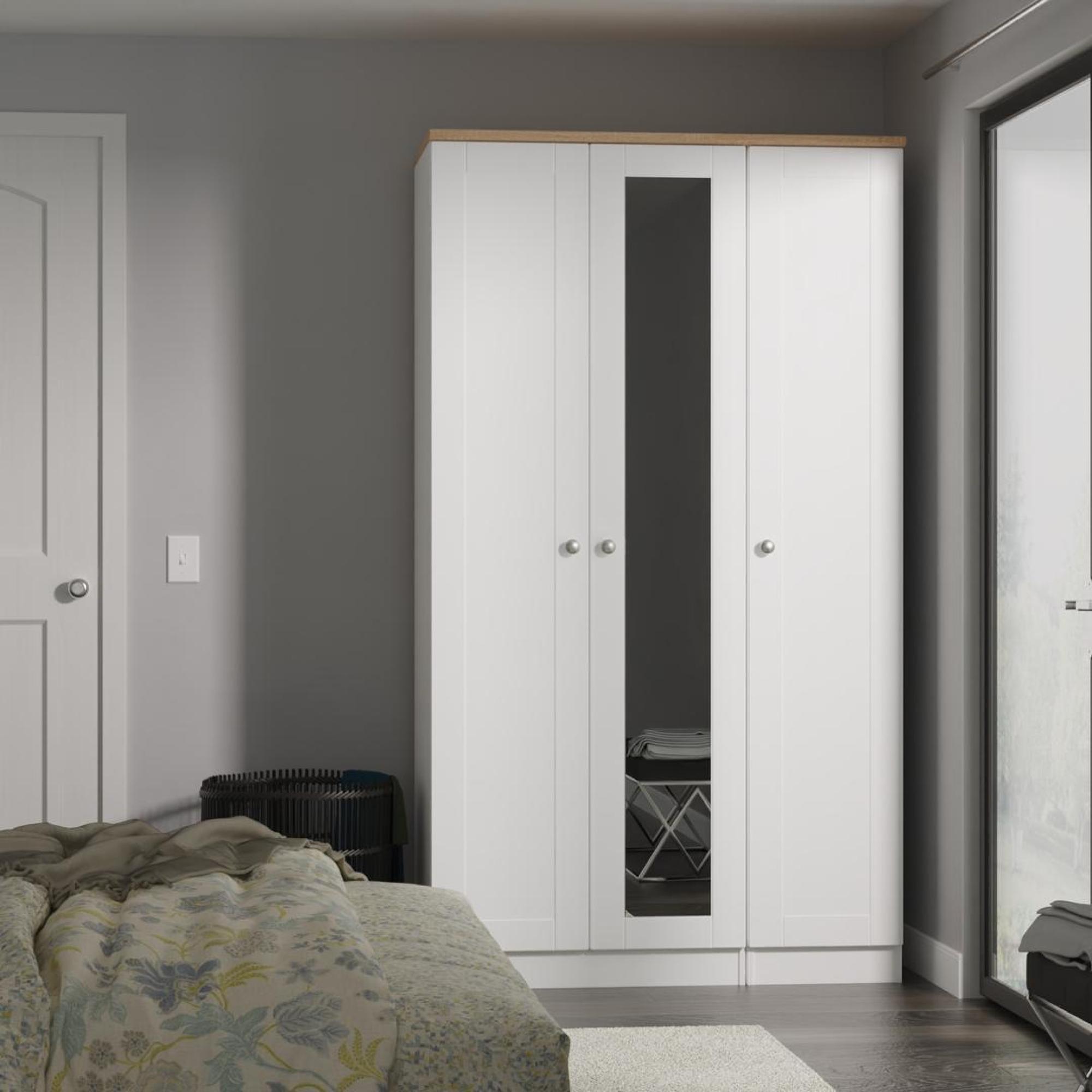 Sussex Wardrobe - 3 Door - Tall - 1 Mirror - Triple - White and Oak