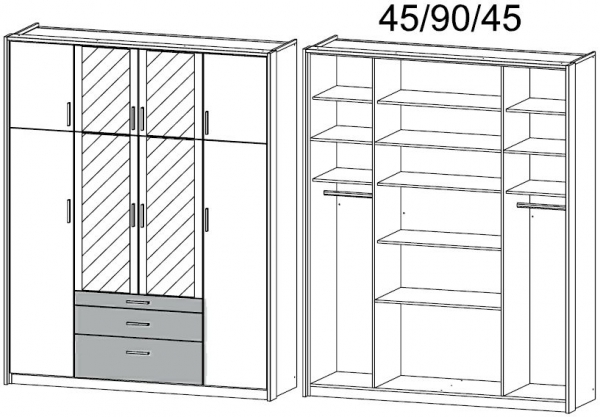 027Q : 8 Door 3 Drawer Carcase Color Combi Wardrobe with 4 Mirror Door with Passepartout