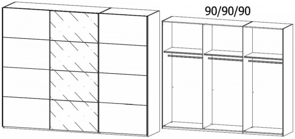 190H : 3 Door Sliding Wardrobe with 2 Carcase Color Door and 1 Grey Mirror Door with Carcase Color Handle Strip