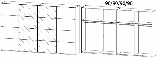 5B33 : 4 Door Synchronous Sliding Wardrobe with 2 Carcase Color Door and 2 Grey Mirror Door with Carcase Color Handle Strip