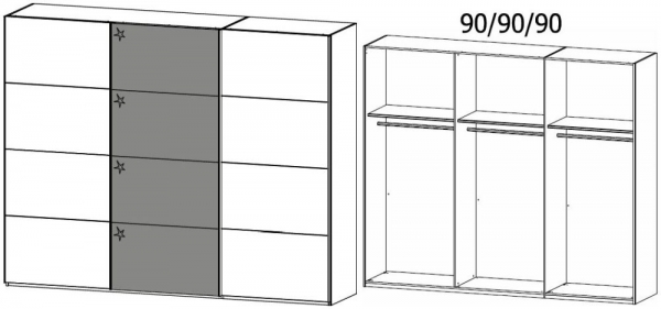 1R53 : 3 Door Sliding Wardrobe with 2 Carcase Color Door and 1 High Polish Door with Carcase Color Handle Strip