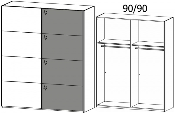 4B20 : 2 Door Sliding Wardrobe with 1 Carcase Color Door and 1 High Polish Door with Chrome Color Handle Strip