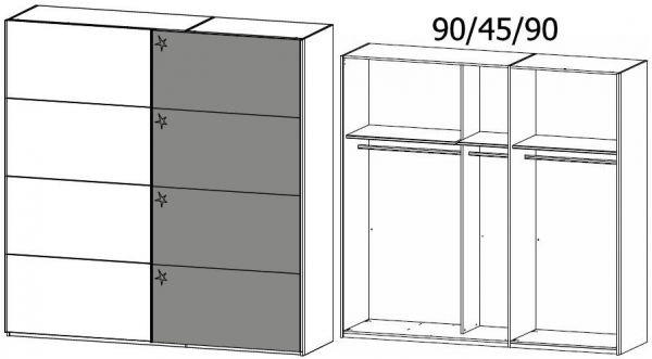 4B25 : 2 Door Sliding Wardrobe with 1 Carcase Color Door and 1 High Polish Door with Chrome Color Handle Strip