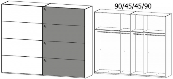 4B26 : 2 Door Sliding Wardrobe with 1 Carcase Color Door and 1 High Polish Door with Chrome Color Handle Strip