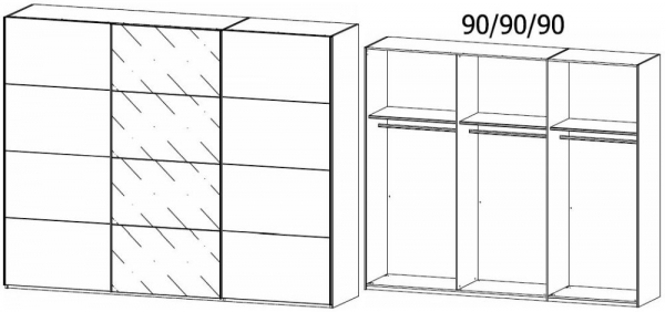 190H : 3 Door Sliding Wardrobe with 2 Carcase Door and 1 Glass Door with Chrome Color Handle Strip