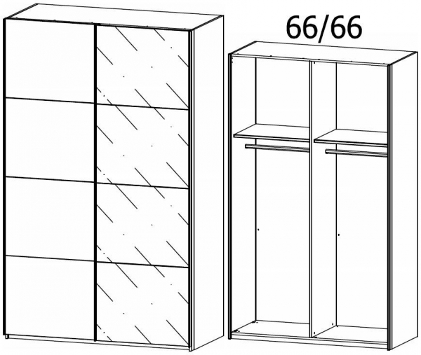 5B66 : 2 Door Sliding Wardrobe with 1 Carcase Color Door and 1 Glass Door with Chrome Color Handle Strip