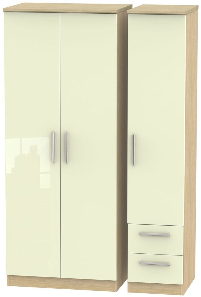 Knightsbridge 3 Door 2 Right Drawer Wardrobe - High Gloss Cream and Light Oak