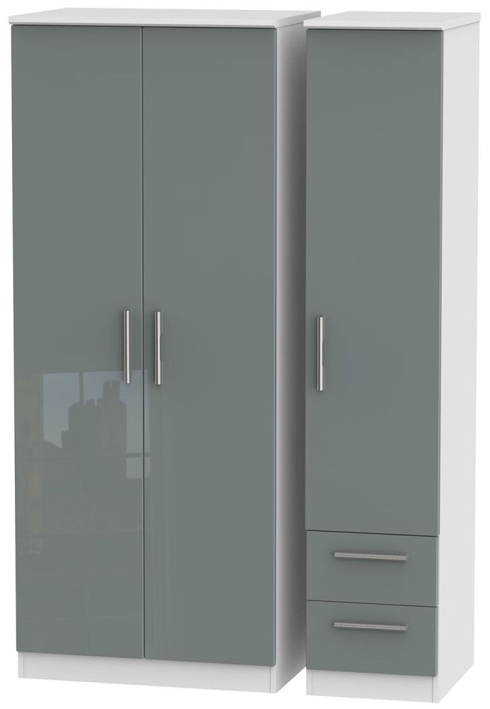 Knightsbridge 3 Door 2 Right Drawer Wardrobe - High Gloss Grey and White