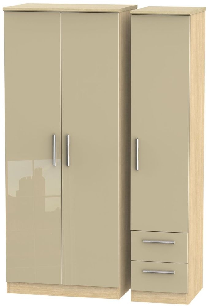 Knightsbridge 3 Door 2 Right Drawer Wardrobe - High Gloss Mushroom and Light Oak