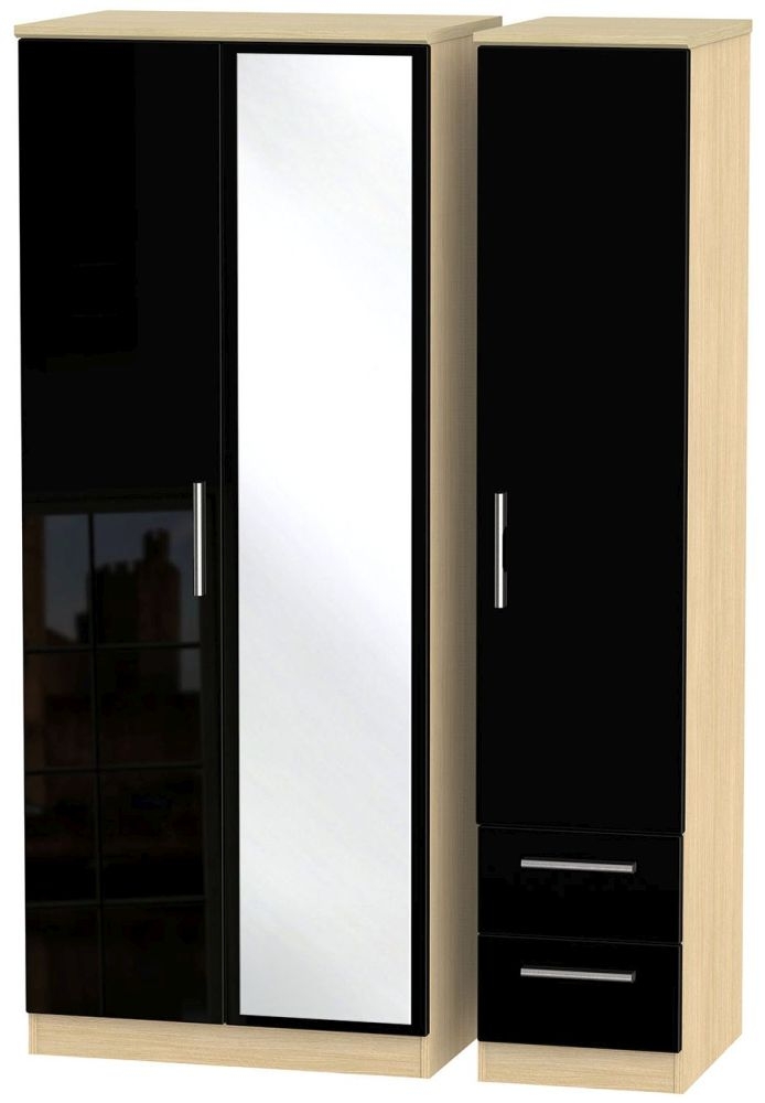 Knightsbridge 3 Door 2 Right Drawer Combi Wardrobe - High Gloss Black and Light Oak