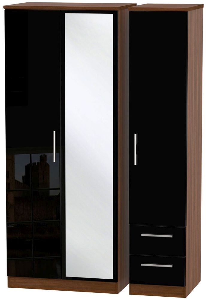 Knightsbridge 3 Door 2 Right Drawer Combi Wardrobe - High Gloss Black and Noche Walnut