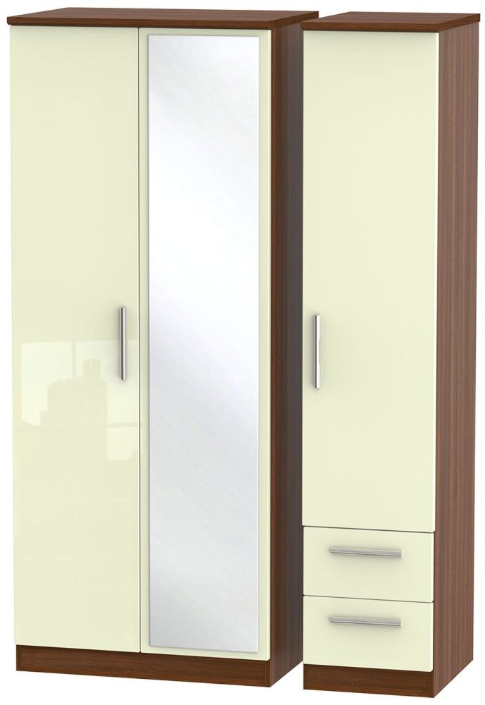 Knightsbridge 3 Door 2 Right Drawer Combi Wardrobe - High Gloss Cream and Noche Walnut