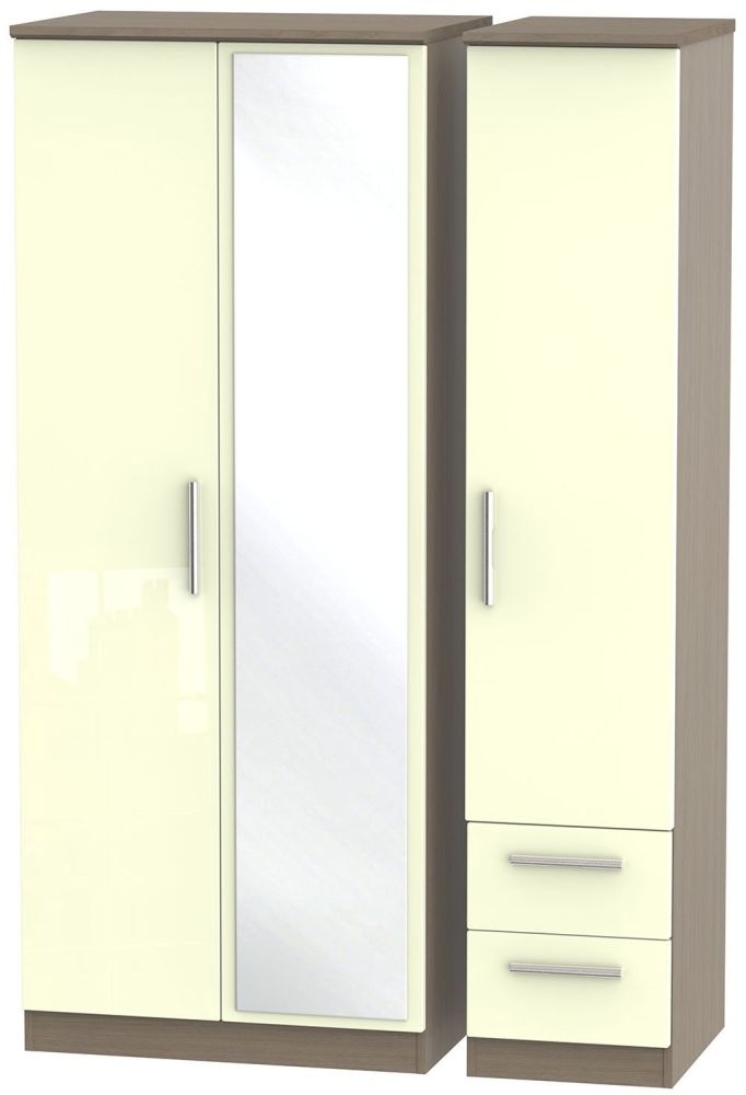 Knightsbridge 3 Door 2 Right Drawer Combi Wardrobe - High Gloss Cream and Toronto Walnut