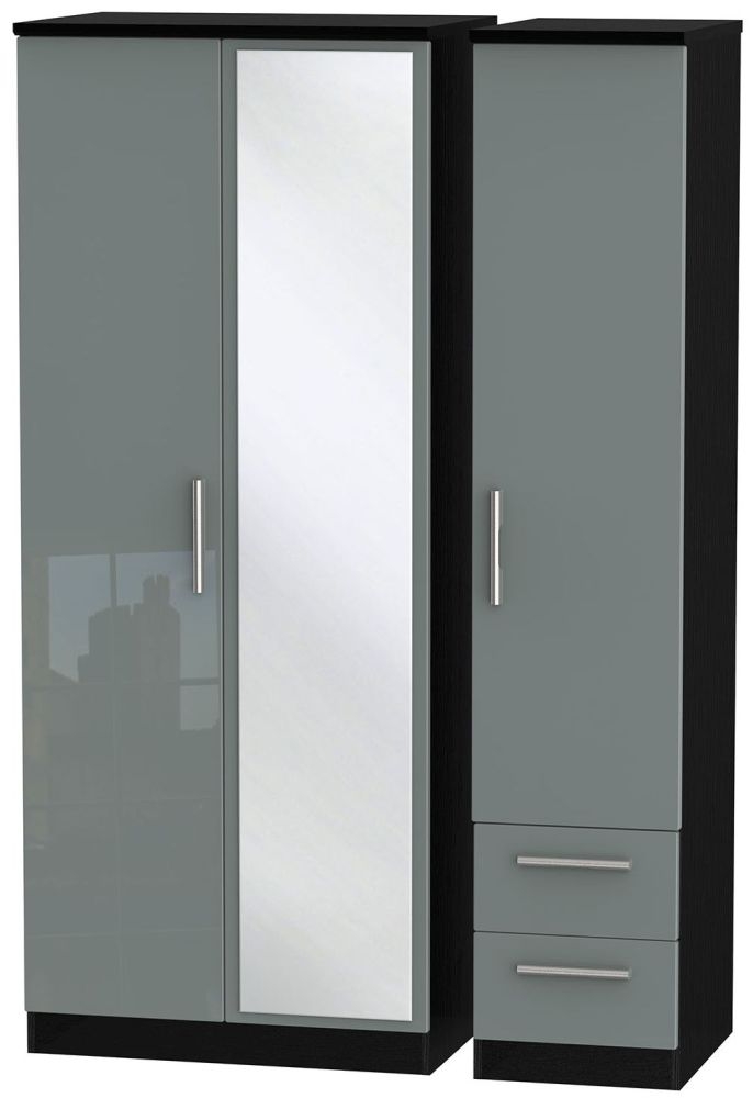 Knightsbridge 3 Door 2 Right Drawer Combi Wardrobe - High Gloss Grey and Black