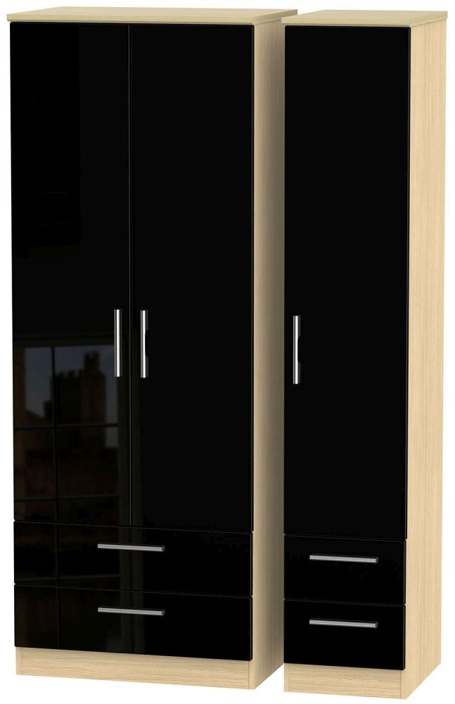 Knightsbridge 3 Door 4 Drawer Tall Wardrobe - High Gloss Black and Light Oak