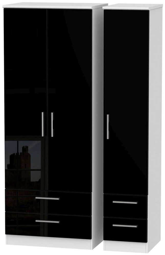 Knightsbridge 3 Door 4 Drawer Tall Wardrobe - High Gloss Black and White