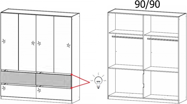41M2 : 4 Door 4 Drawer Combi Wardrobe with Lighting - High Polish Front