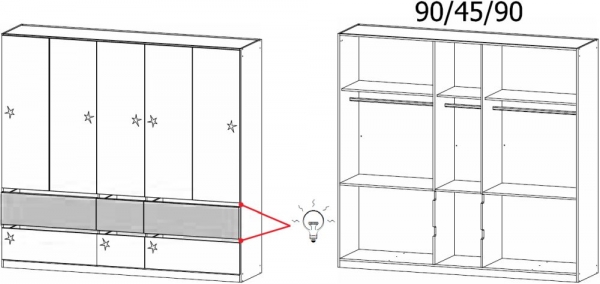 41M4 : 5 Door 6 Drawer Combi Wardrobe with Lighting - High Polish Front