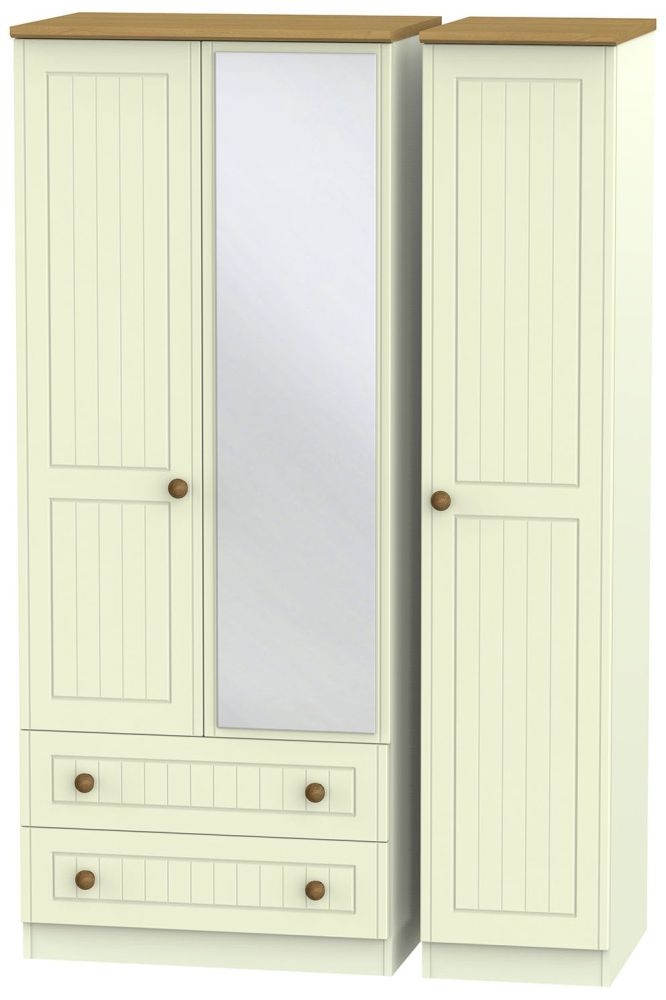 Warwick Wardrobe - 3 Door - Combi - 1 Mirror - LHF 2 Drawers - Cream and Oak