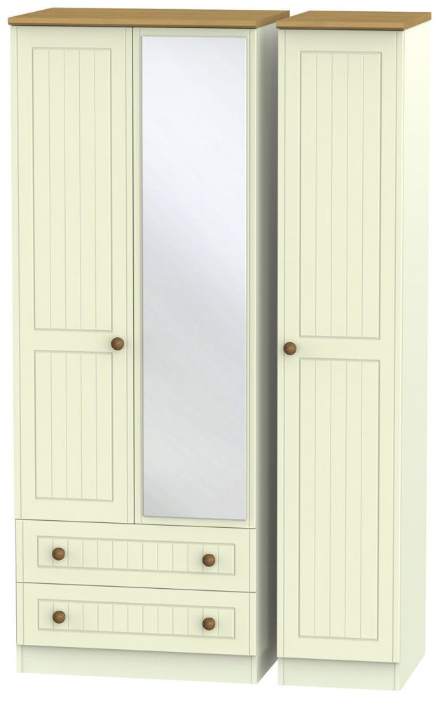 Warwick Wardrobe - 3 Door - Tall - Combi - 1 Mirror - LHF 2 Drawers - Cream and Oak