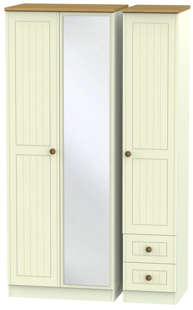 Warwick Wardrobe - 3 Door - Tall - Combi - 1 Mirror - RHF 2 Drawers - Cream and Oak