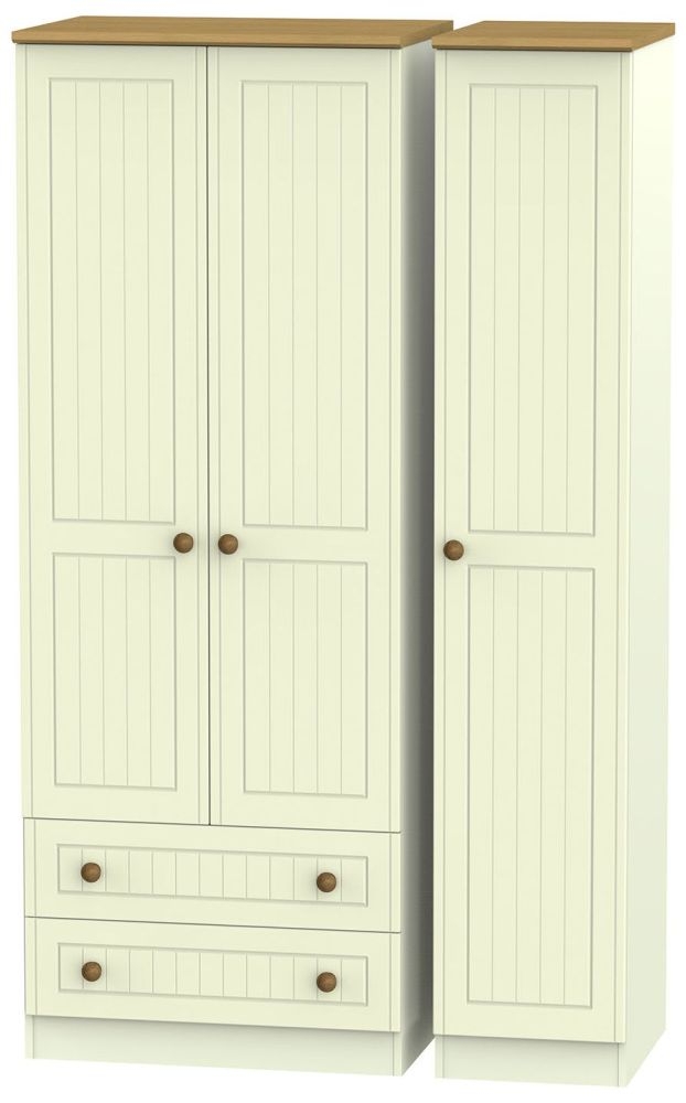 Warwick Wardrobe - 3 Door - Tall - Triple - LHF 2 Drawers - Cream and Oak