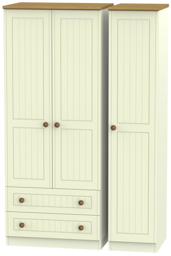 Warwick Wardrobe - 3 Door - Triple - LHF 2 Drawers - Cream and Oak