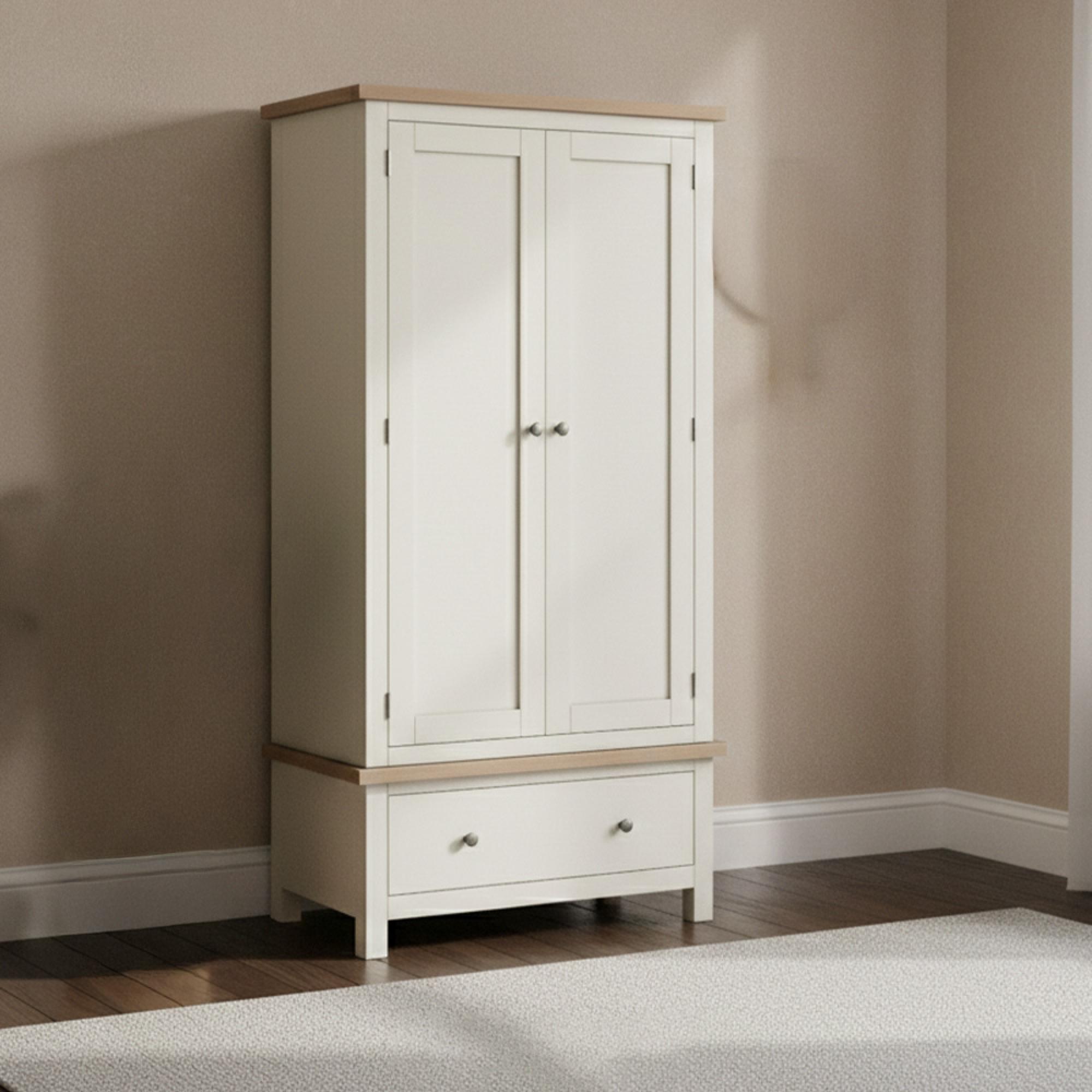 Modern Wardrobe - 2 Door - 1 Drawer - White Painted